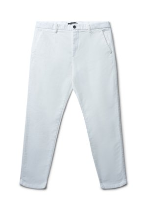 Pantalons en coton blanc avec une coupe droite, poches avant et fermeture à bouton. Texture lisse sans motifs ni accents visibles.