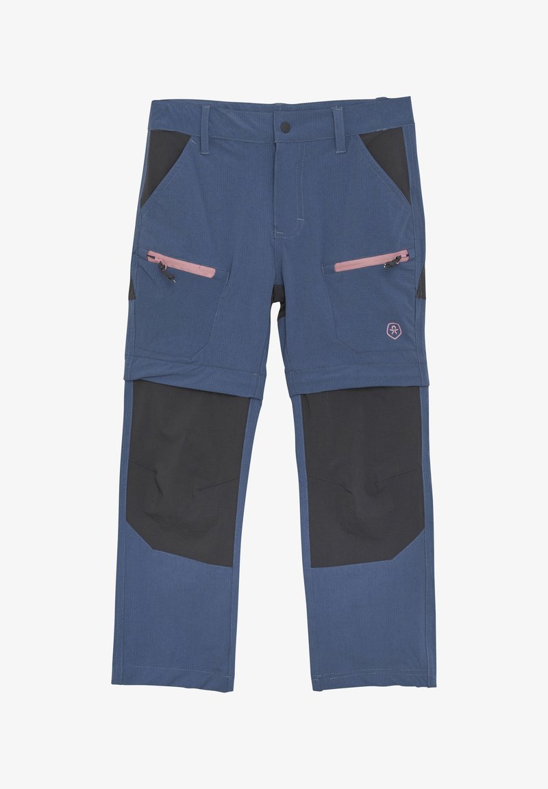 Pantaloni blu con dettagli neri e due tasche con zip. Realizzati in tessuto testurizzato con rinforzi nelle zone delle ginocchia.