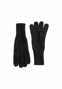 Sorte strikkede handsker med ribbet manchet og dekoreret tekstur langs fingrene. Femfingerdesign for smidighed og varme.