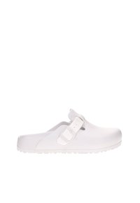 Zoccoli bianchi in gomma resistente con una forma sagomata, cinturino regolabile e suola con texture per grip e comfort.