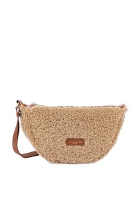 Beige faux fur crossbody bag with a rounded shape, brown leather strap, and a gold zipper. Features a branded leather patch on the front.