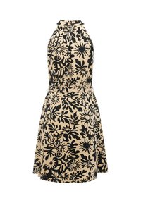 Ærmeløs beige kjole med høj hals og sorte abstrakte blomstermønstre og solmotiver, figursyet talje og lukning med knapper bagpå.