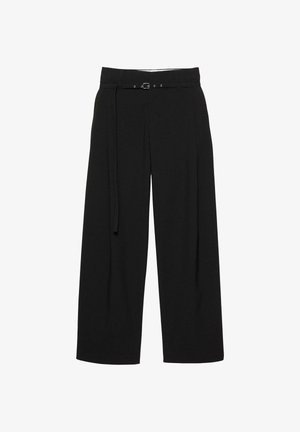 Pantaloni neri a gamba larga con vita aderente, caratterizzati da pieghe e una texture del tessuto liscia per un fit rilassato.