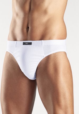 Weiße Baumwollunterhose mit einem Etikett, das "H.I.S." trägt. Sie zeichnet sich durch eine glatte Textur und ein eng anliegendes, niedrig geschnittenes Design aus, das die Taille und Beine betont.