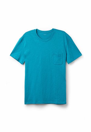 T-shirt en coton turquoise à col rond avec des manches courtes et une poche sur la poitrine gauche. Texture douce avec une coupe décontractée.