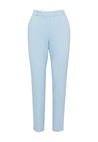 Lichtblauwe op maat gemaakte broeken met een getailleerde taille, rechte pijpen en een gladde textuur. Heeft riemlussen en zijzakken.