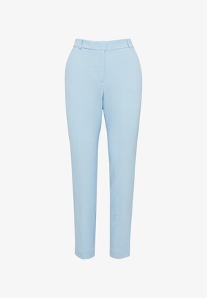 Jasnoniebieskie spersonalizowane spodnie z dopasowaną talią, prostymi nogawkami i gładką fakturą. Posiadają szlufki na pasek oraz boczne kieszenie.