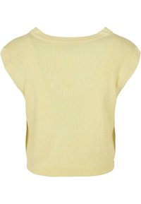 Top de tejido acanalado en amarillo claro, con cuello redondo y mangas cortas, que presenta un corte holgado y una textura suave.