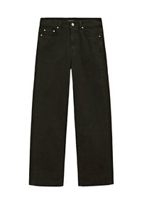 Schwarze, weit geschnittene Jeans aus Denim mit hoher Taille, Reißverschluss und vier Taschen mit silbernen Hardware-Elementen.