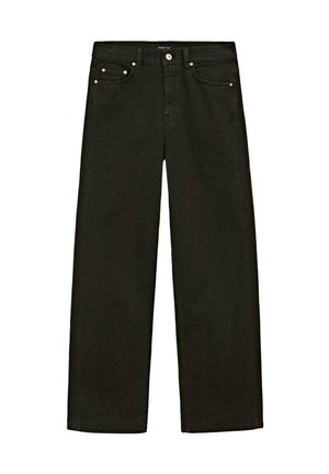 Jeans noirs à jambes larges en denim, avec une taille haute, une fermeture éclair et quatre poches avec des accentuations en métal argenté.