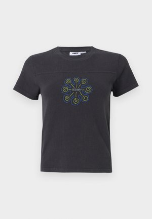 Sort bomulds T-shirt med korte ærmer, der har et farverigt spiral mønster og logo i midten. Rund halsudskæring, afslappet pasform.