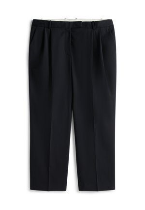 Μαύροι παντελόνες ραμμένοι στο μέτρο με πτυχώσεις, ίσια κοπή, θηλιές για ζώνη και πλαϊνές τσέπες. Υλικό απαλό με καθαρό φινίρισμα.