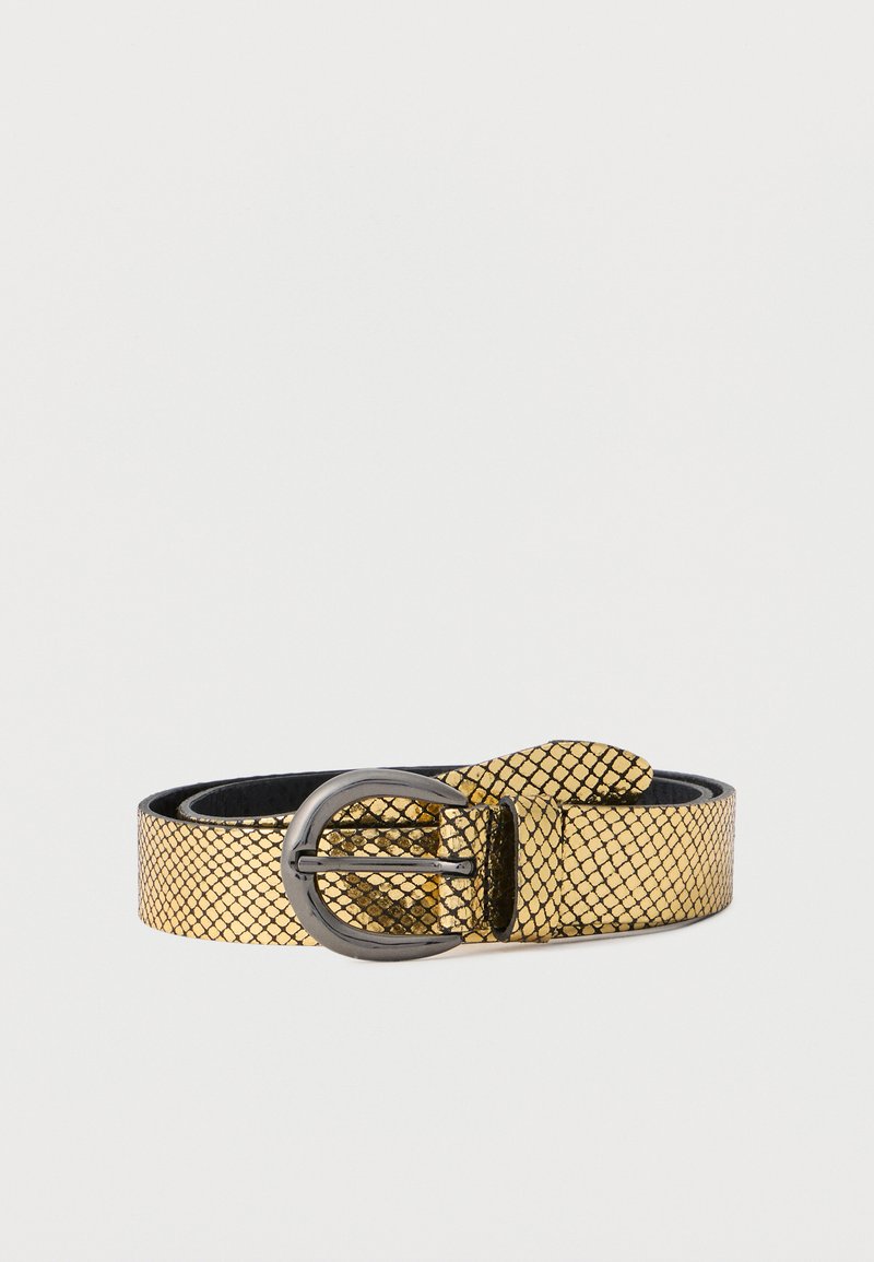 Metallinen kultavyö, jossa on teksturoitu kuvio, pyöreällä mustalla metallisoljella ja sileällä mustalla alaosalla.