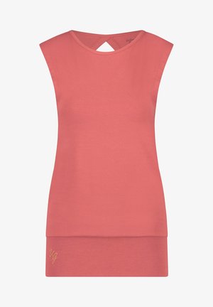 Koralli värinen hihaton toppi, jossa on pyöreä pääntie, avainaukko selässä, sileä kankaan tekstuuri ja hillitty kultainen "UG" logo helman kohdalla.