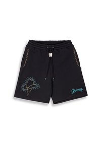 Zwarte katoenen shorts met een elastische tailleband. Voerturen turquoise en gouden geborduurde ontwerpen, waaronder een hoed en het woord "Grimey."