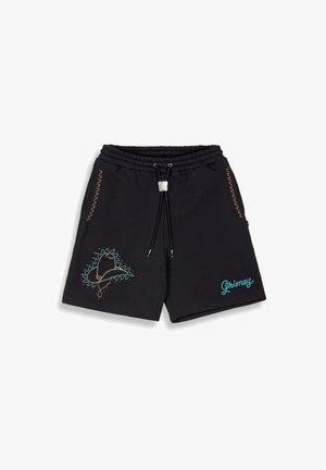 Zwarte katoenen shorts met een elastische tailleband. Voerturen turquoise en gouden geborduurde ontwerpen, waaronder een hoed en het woord "Grimey."