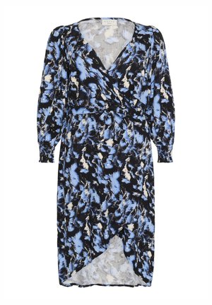 Knytklänning med blommönster i blått, svart och vitt. Långa ärmar med elastiska manschetter, V-ringning och ett bälte i midjan.