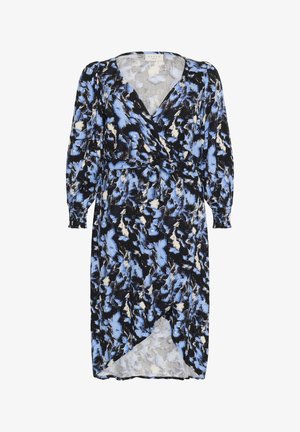 Knytklänning med blommönster i blått, svart och vitt. Långa ärmar med elastiska manschetter, V-ringning och ett bälte i midjan.