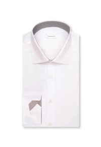 Biała koszula z kontrastowym ciemnym, wzorzystym wewnętrznym kołnierzem i mankietem. Posiada klasyczne guziki oraz usztywniony kołnierz.