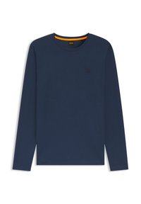 Marineblaues Langarm-T-Shirt aus Baumwolle mit Rundhalsausschnitt und kleinem Struktur-Logo auf der Brust. Kontrastierender orangefarbener Innenhalsausschnitt.
