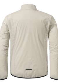 Hellbeige wasserdichte Jacke mit einer weichen, glatten Textur. Sie hat einen Stehkragen und eine schmale Passform. Schwarzer Akzent am Saum.