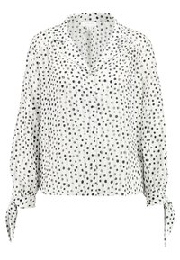White blouse with black polka dots, button-up front, long sleeves with tied cuffs, lightweight fabric, and a classic collar.