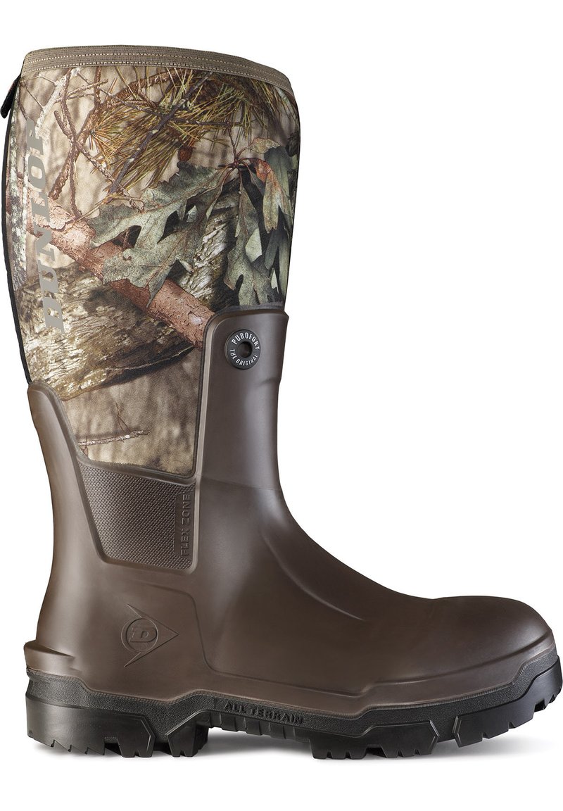 Brauner Gummistiefel mit einem Obermaterial aus Camouflage-Textil, das mit Blatt- und Astmustern verziert ist, einer strukturierten Seitenfläche und einer dicken schwarzen Anti-Rutsch-Sohle.