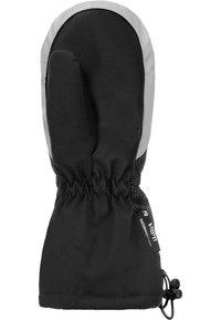 Schwarze und graue wasserdichte Handschuhe mit strukturiertem Griff, elastischem Handgelenksverschluss und einer glatten äußeren Schicht. Verstellbarer Kordelzug am unteren Ende.