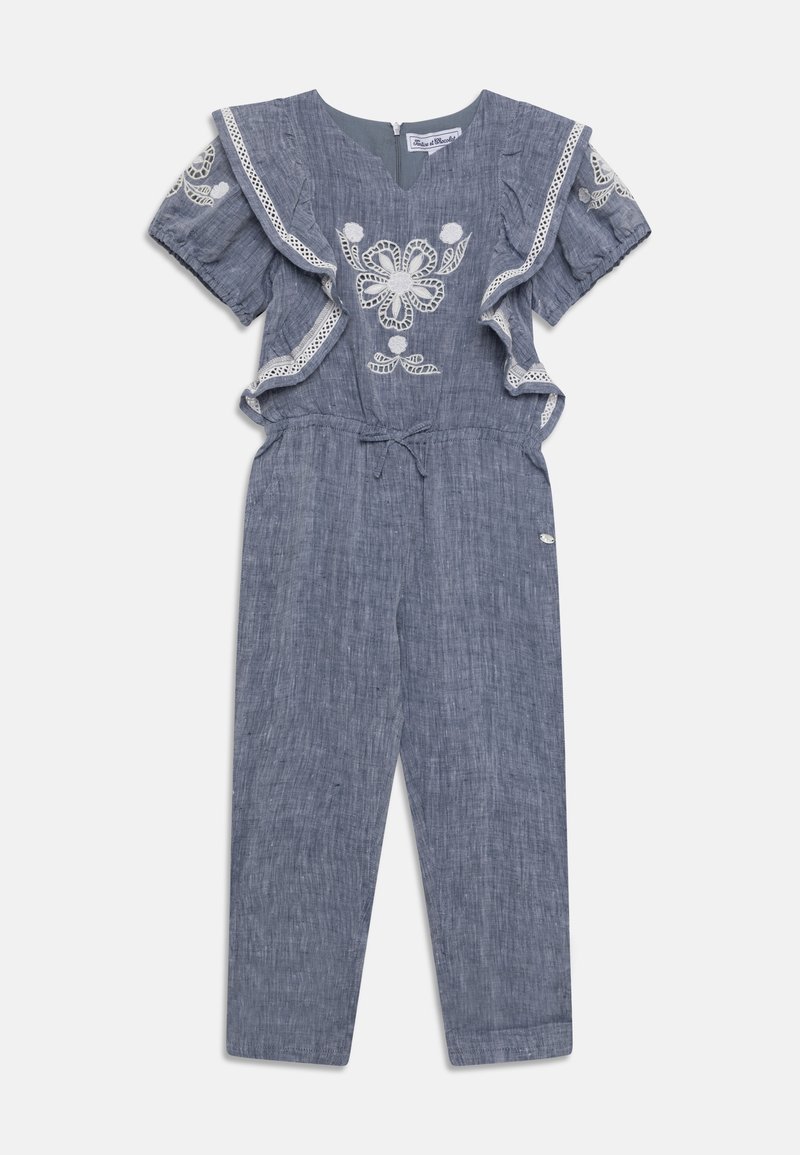 Modrý lněný overal s volánkovými rukávy, vyšívaným květinovým vzorem, výstřihem do V a nastavovacími šňůrkami v pase; zúžené nohavice.