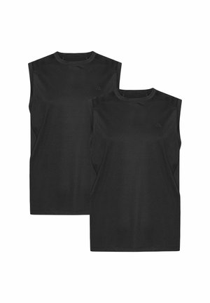 Twee mouwloze zwarte sporttops van zacht materiaal. Kenmerken zijn een ronde hals, een licht getailleerde pasvorm en minimale branding op de borst.