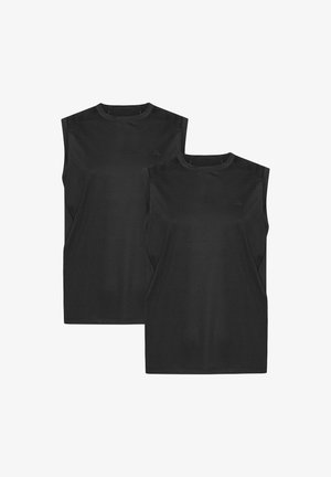 Two sleeveless black athletic tops made from soft fabric. Features a round neck, slightly tapered fit, and minimal branding on the chest.