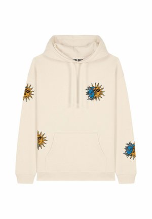 Cream-colored hoodie with a front pocket, featuring illustrated sun and moon designs in blue and gold on the sleeves and chest.