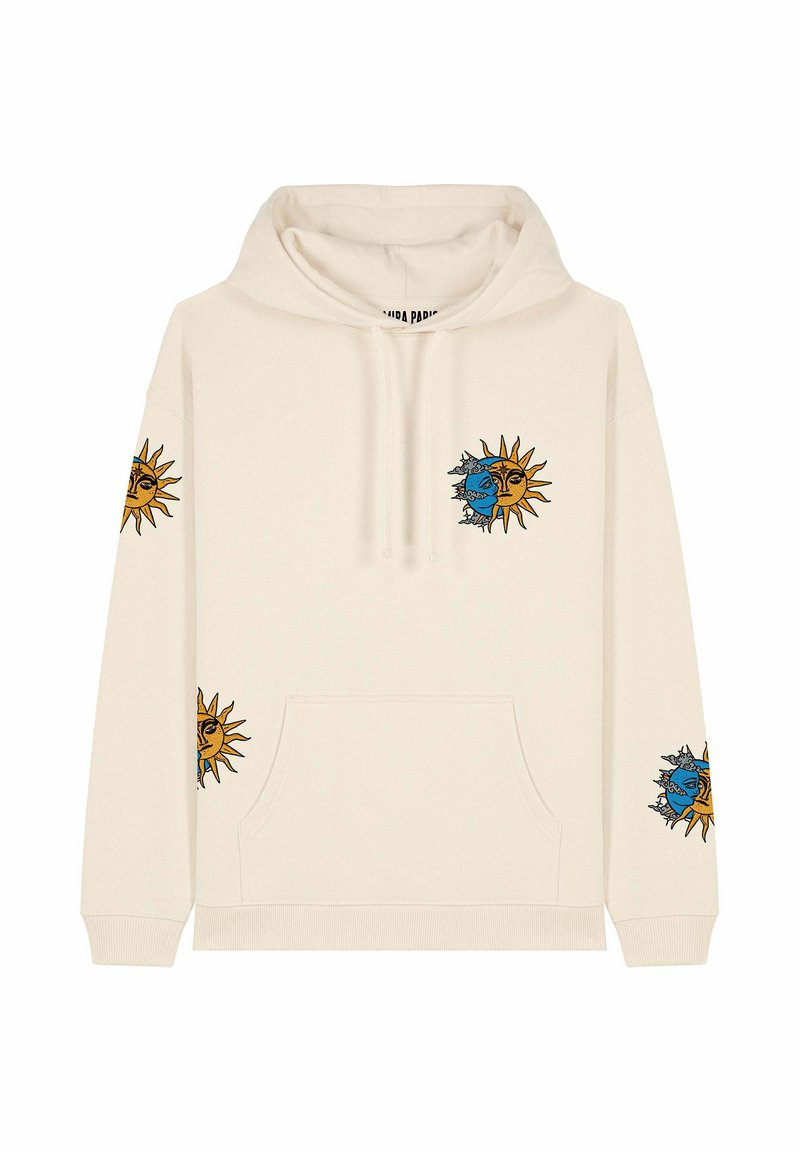 Felpa color crema con tasca frontale, dotata di illustrazioni di sole e luna in blu e oro sulle maniche e sul petto.