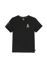 Czarny bawełniany t-shirt z krótkimi rękawami, okrągłym dekoltem i małym złotym logo na piersi. Posiada fakturowany akcent na ramieniu.