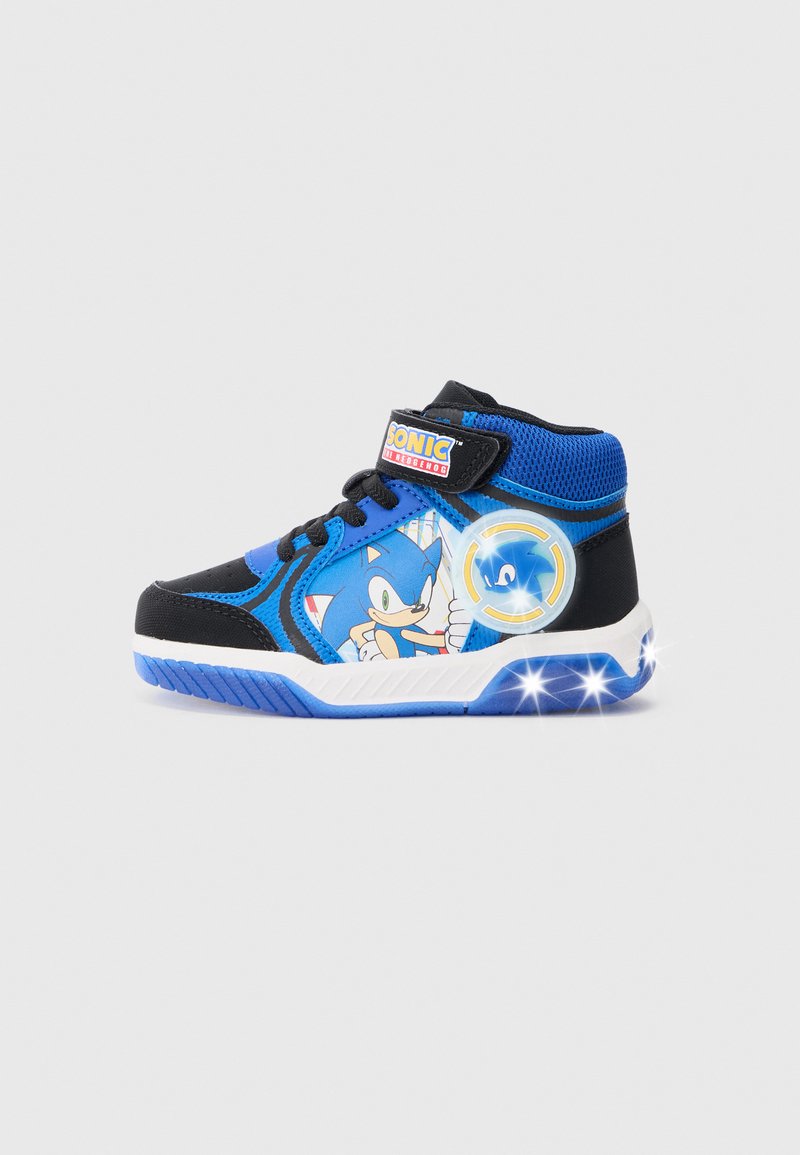 Blue and black high-top sneakers with mesh material, featuring Sonic the Hedgehog graphics and light-up midsole accents. White outsole.