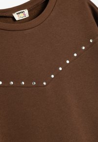 Felpa marrone con collo a girocollo, caratterizzata da una linea diagonale di borchie argentate sul petto, realizzata in tessuto morbido e testurizzato.