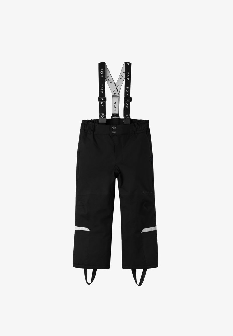 Zwarte waterdichte broek met verstelbare zwarte bretels, reflecterende strepen, elastische tailleband en drukknoopsluiting. Ontworpen voor duurzaamheid.