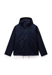 Marineblaue Kapuzenjacke mit Frontreißverschluss, zwei seitlichen Taschen, verstellbaren Kordeln am Saum und einem Logopatch am linken Ärmel.