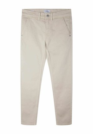Pantaloni chinos beige dal taglio aderente, realizzati in tessuto di cotone liscio, con tasche frontali e chiusura distintiva con bottone. Design classico a cinque tasche.