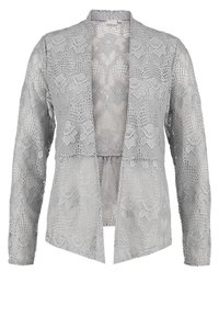 Ljusgrå spetskofta med en mjuk, öppen design. Har intrikata blommönster, långa ärmar och en något texturerad yta.