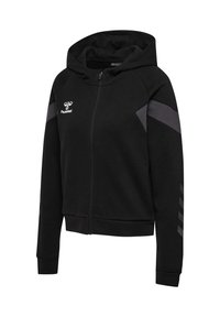 Svart zip-up huvtröja i mjukt tyg, med huva, grå detaljer på ärmar och axlar samt ribbade muddarna och nederkant.