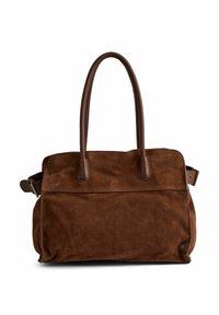 Borsa tote in suede marrone con dettagli in pelle liscia. Presenta due manici tondeggianti e una chiusura con zip. Texture liscia senza motivi.