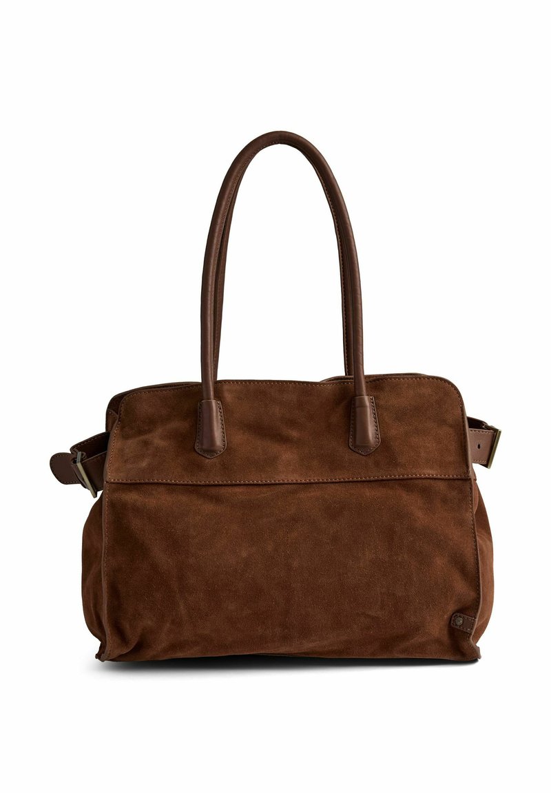 Borsa tote in suede marrone con dettagli in pelle liscia. Presenta due manici tondeggianti e una chiusura con zip. Texture liscia senza motivi.