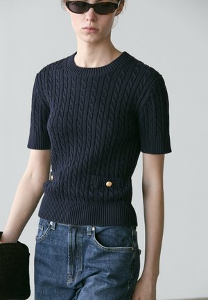 SHORT SLEEVE CABLE-KNIT  - T-shirt basique - mottled dark blue