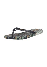 Black flip-flop with a camo-patterned sole in green, black, and brown. Features a textured footbed and smooth straps. Lightweight design.
