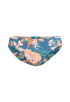 Dół bikini w kwiaty z niebieskim tłem i różowymi oraz zielonymi tropikalnymi wzorami. Wykonany z gładkiego, elastycznego materiału o dopasowanym kroju.