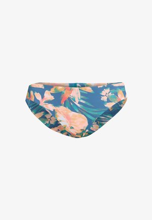 Floral bikini bottom featuring a blue background with pink and green tropical patterns. Made from smooth, elastic fabric with a fitted design.