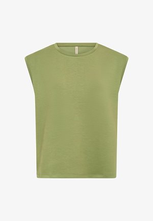 Groene korte mouwen top met een losse pasvorm, ronde halslijn en een gladde textuur. Minimalistisch ontwerp zonder zichtbare patronen of hardware.