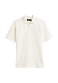 Weißes Poloshirt aus strukturiertem Stoff, mit einem Kragen und kurzen Ärmeln. Enthält ein dezentes Markenlabel im Nackenbereich.