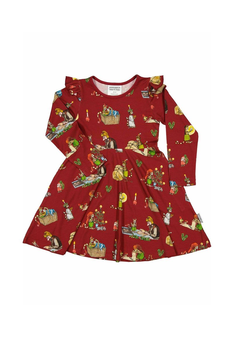 Rotes, langärmeliges Kleid mit gerafften Schultern, verziert mit verspielten Mustern von Tieren und Menschen bei verschiedenen Aktivitäten. Weiches Baumwollmaterial.